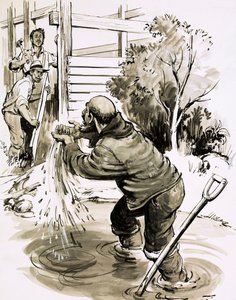 James Marshall blir den første mannen som fant gull i California i 1848 (gouache på papir) av English School