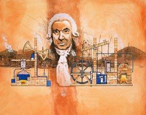 James Watt med ovner og mekaniske pumper i bakgrunnen av English School