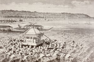 Japanske fiskere som feirer Gots-Tennoo på 1800-tallet (litho) av English School