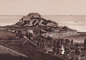 Jersey, Chaneløyene: Mount Orgueil slott og Gorey havn (litografi) av English School