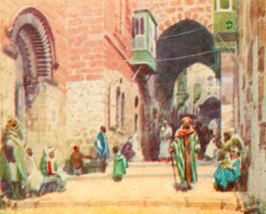 Jerusalem, et gatescene (fargelitografi) av English School