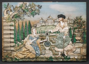 Jesus viser seg for Maria Magdalena (silke, papir, garn, paljetter, metalliske detaljer, blekk og akvarell på tre) av English School