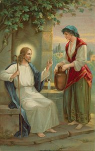 Jesus Kristus og kvinnen fra Samaria (chromolitho) av English School