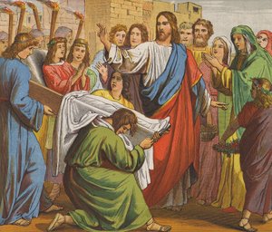 Jesus Kristus oppvekker sønnen til enken fra Nain (fargelitografi) av English School