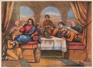 Jesus Kristus med disiplene sine og Maria Magdalena (fargelitografi) av English School