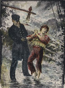John Alexander Strachan, kaptein på dampskipet Cyprian, ga redningsvesten sin til en ung blindpassasjer før skipet ble vraket i en kuling utenfor den walisiske kysten i 1881 (farge litho) av English School