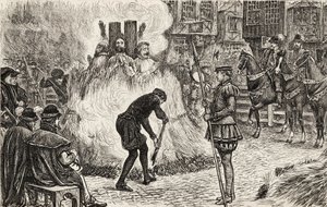 John Bland, John Frankesh, Nicholas Sheterden og Humphrey Middleton ble brent levende for kjetteri på 1500-tallet, ca. 1865 (tregravering) av English School