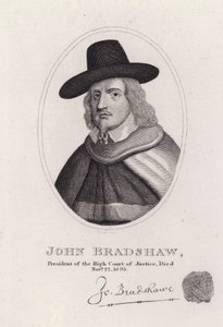 John Bradshaw , engelsk dommer som var president for High Court of Justice for rettssaken mot kong Charles I i 1649 (gravering) av English School