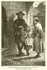 John Bunyan og hans blinde barn ved porten til Bedford Gaol av English School