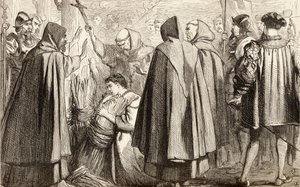 John Frith var i ferd med å bli brent på bålet for kjetteri i 1533, ca. 1865 (tregravering) av English School