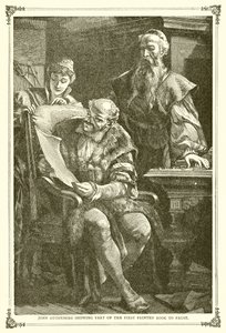 John Gutenberg viser en del av den første trykte boken til Faust av English School