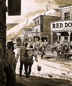 John Sutter oppdaget gull i Sacramento Valley og begynte det store gullrushet i California i 1847 (gouache på papir) av English School