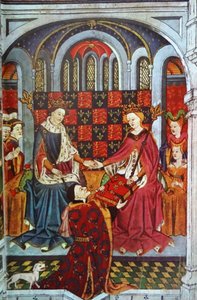 John Talbot, jarl av Shrewsbury, presenterer en bok til Henrik VI og Margaret av Anjou (vellum) av English School