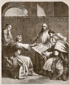 John nekter å signere artiklene til baronene, illustrasjon fra Cassells Illustrated History of England (sepiafoto) av English School
