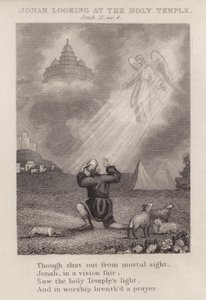 Jonas ser på det hellige tempel, Jonah II, ver 4 (gravering) av English School