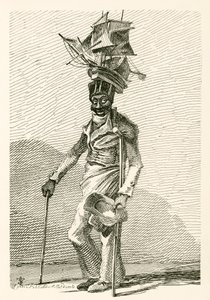 Joseph Johnson, ein schwarzer Seemann, mit einem Modell des Schiffs Nelson auf seiner Mütze