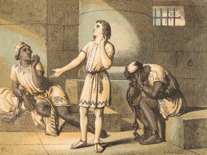 Joseph i fengsel (farget gravering) av English School