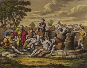 Josef selges til Egypt (farge litho) av English School