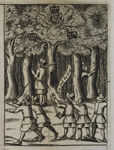 Kong Charles II gjemmer seg i Boscobel Woods, fra "The History of his Sacred Majesties most Wonderfull Preservation, after the Battle of Worcester" av English School