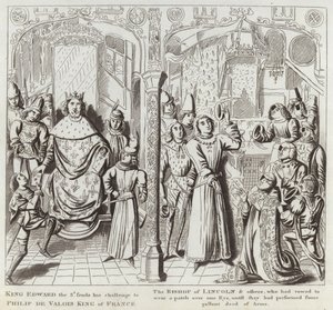 Kong Edward den 3. sender sin utfordring til Philip de Valois, kongen av Frankrike, biskopen av Lincoln og andre, som hadde sverget å bære en lapp over det ene øyet, inntil de hadde utført en galunt gjerning av A av English School
