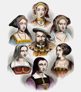 Kong Henry VIII av England og hans seks koner, ca. 1890 (litho med senere farge) av English School