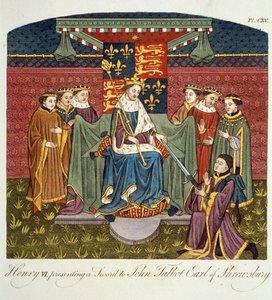 Kong Henry VI (1421-71) presenterer et sverd til John Talbot (ca. 1388-1453) Earl of Shrewsbury, illustrasjon fra The Complete View of the Dress and Habits of the People of England bind II, publisert 17. av English School
