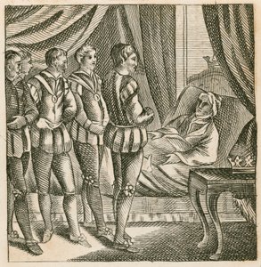 Kong Henry V leverer sin siste vilje til hertugen av Bedford av English School