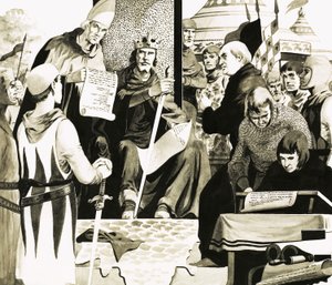 Kong John forbereder seg på å signere Magna Carta på Runnymede av English School