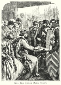 Kong John signerer Magna Charta (gravering) av English School