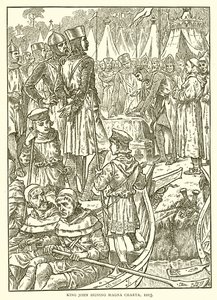 Kong John signerer Magna Charta, 1215 av English School