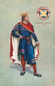 Kong Offa av Mercia 793, St Albans Pageant 1907 (farge litho) av English School