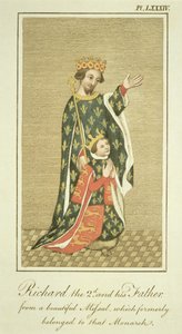 Kong Richard II (1367-1400) med sin far Edward (1330-76) den svarte prinsen, illustrasjon fra The Complete View of the Dress and Habits of the People of England bind II, utgitt 1799 (farget av English School