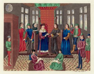 Kong Richard II sier opp sin krone og stat (farget gravering) av English School