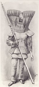 Kingsmill Islander i full rustning, fra The History of Mankind, Vol.1, av Prof, Friedrich Ratzel, 1896 av English School