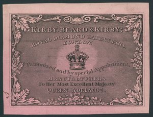 Kirby, Beard and Kirby, Royal Diamond Patent Pins, handelskort av English School