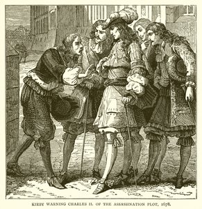 Kirby advarte Charles II om attentatplanen, 1678 av English School