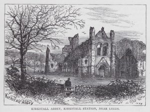 Kirkstall Abbey, Kirkstall Station, nær Leeds (gravering) av English School