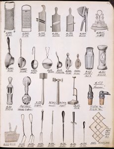 Kjøkkenutstyr, fra en handelskatalog over husholdningsvarer og tilbehør, ca. 1890-1910 av English School
