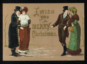 Mine damer og herrer i vinterklærne, julehilsen. (chromolitho) av English School