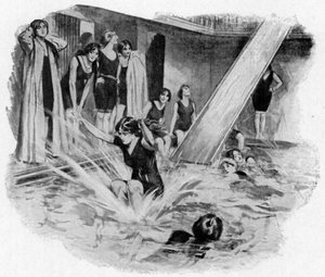 Damer som bruker renna (badeklubb) (litografi) av English School