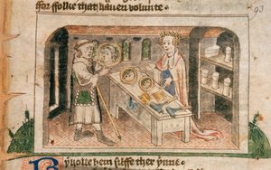Lady Hagiography viser en pilegrim hennes utstilling av salver og toalettartikler, illustrasjon fra den engelske oversettelsen av 