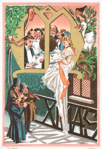 Dame blir serenadet av musikere, julekort av English School