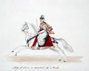 Lady of Lima til hest i en poncho av English School