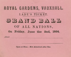 Ladys-billett, Vauxhall Gardens, London, for 2. juni 1854 av English School