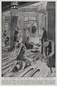 Lamaer som tilber foran Det aller helligste i et tibetansk tempel (litho) av English School