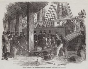 Lander gull fra "The Australian" Steam-Ship, i East India Docks (gravering) av English School