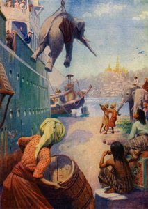 Landing av elefanter i Burma (fargelitografi) av English School