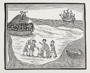 Landing of Mutinous Crew on Island, illustrasjon fra Chap-books of the Eighteenth Century av John Ashton, pub. 1882 av English School