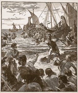 Landing av romerne på kysten av Kent, illustrasjon fra Cassells Illustrated History of England (sepia-bilde) av English School
