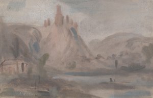 Landskap med et slott på en høyde, tidligere tilskrevet JMW Turner (1775-1851) og også tilskrevet Peter de Wint (1784-1849) (olje på papir) av English School